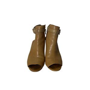 Coach Tan Leather Peep-Toe Heeled Booties With Gold Zipper & Buckle Detail